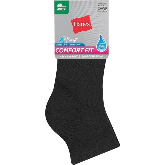 ✨ Hanes Ankle Socks Women Black Comfort Fit Arch Support 6-Pair Socks - Picture 2 of 2